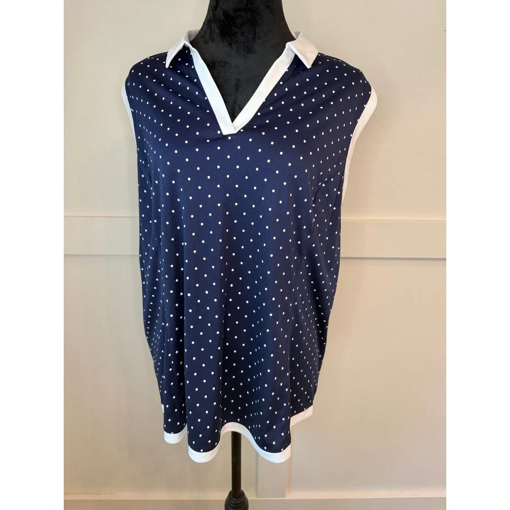 PGA Tour Womens XXL Sleeveless Golf Polo Shirt Navy Blue Polka Dot V-Neck Top